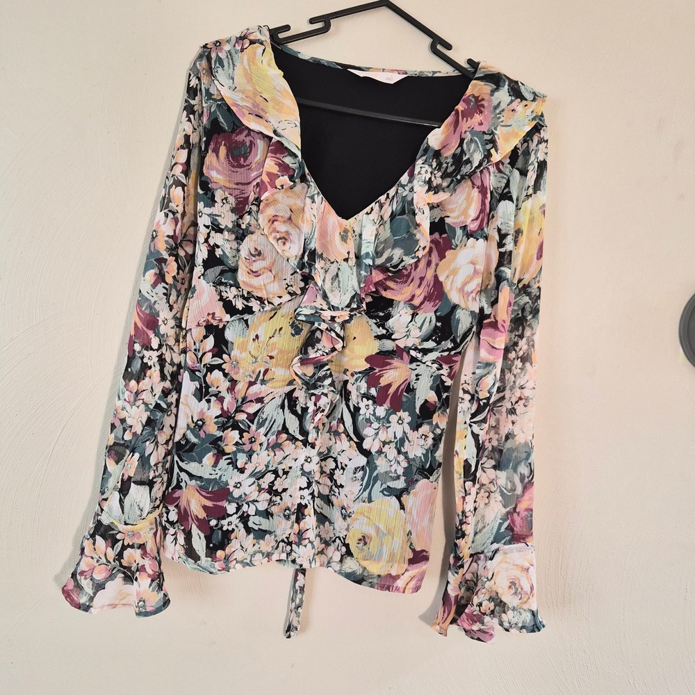 LC Lauren Conrad Womens Large Chiffon Blouse Floral Ruffle Cottagecore V-Neck